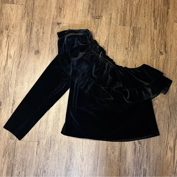 Misa Los Angeles NWT Mielle Black Velvet Ruffle One Shoulder Top - Picture 5 of 12